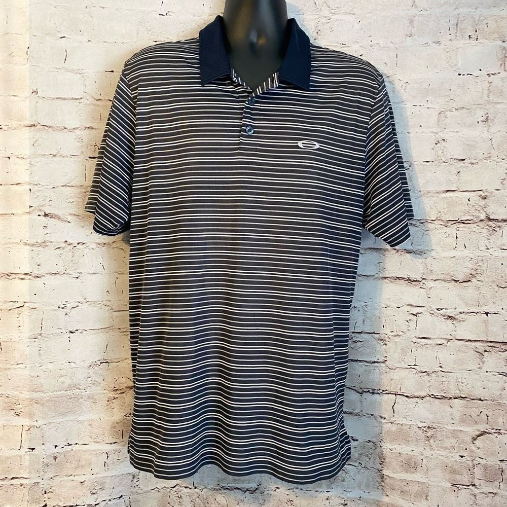 Oakley Men’s Polo Short Sleeve Golf Performance Navy Blue Striped Size XL